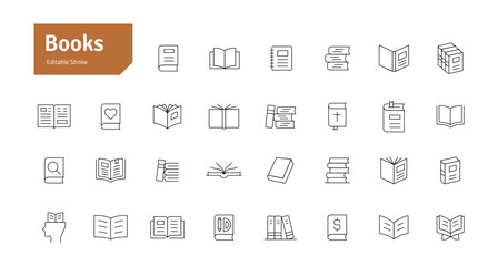 Books Line Editable Stroke Icon Set. Education, Study, Library, Reading, Science, Student, Graduation, Bookstore Icons Vector Illustration