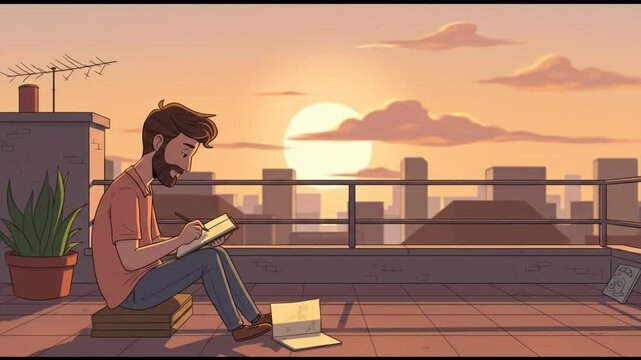 Man writing journal sunset rooftop