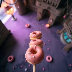 A high-resolution stock photo of mini donuts on sticks, featuring soft pastel colors and intense dramatic lighting with generative ai