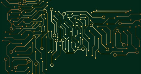 Golden circuit diagram on green background.