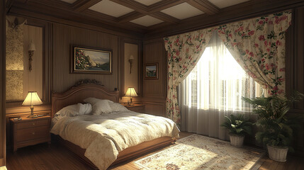 Fototapeta premium cozy wooden bedroom featuring elegant decor, soft lighting, and floral curtains