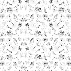 Elegant black and white floral design showcasing detailed leaves and flowers in a harmonious pattern. . Ideal for applications in textiles, wallpaper, packaging, stationery, and digital projects that 