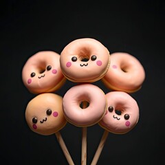 A high-resolution stock photo of mini donuts on sticks, featuring soft pastel colors and intense dramatic lighting with generative ai