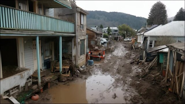 Suburban street showing severe mudslides and debris after significant flooding with damaged houses and standing water