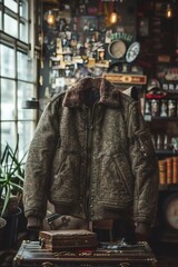 Naklejka premium A street-style jacket is laid flat on a vintage suitcase, with a soft urban scene in the background