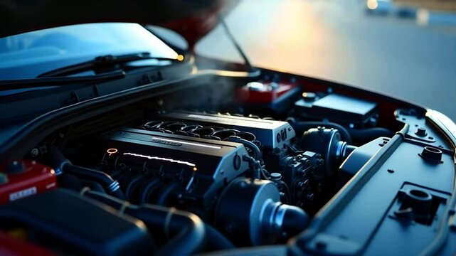 Close-up of a powerful electric car engine revealing complex mechanical and electronic components designed for high performance and sustainability