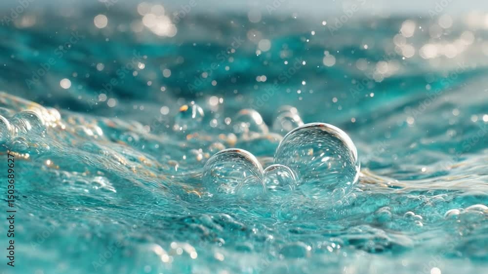 Poster bubbles floating on the surface of clear aquatic water with sunlight reflections in a calm environme