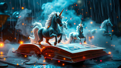 Enchanting digital illustration of mythical unicorns emerging from a mystical storybook in fantasy setting