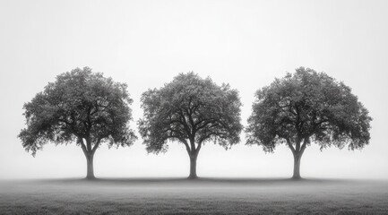 Naklejka premium Three silhouetted trees in a foggy field