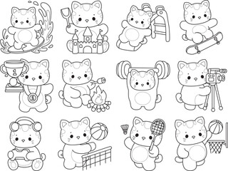 Obraz premium Outline of a bunch of cute cat with various activities. Lineart of Kawaii animal kitty for scrapbook and sticker.