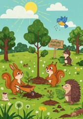 Cute Animals Planting Trees: Adorable cartoon animals—squirrels, rabbits, and hedgehogs—collaboratively plant saplings in a vibrant, sun-drenched meadow, fostering a future forest.
