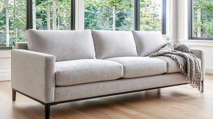 Obraz premium White couch with a black frame sits in a room with a window