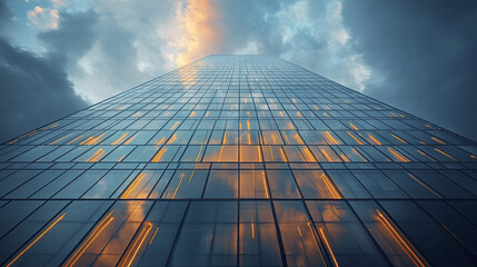 Fototapeta premium sleek reflective building with LED lit accents reaches towards dramatic sky