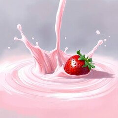 A surreal bird’s eye view illustration of a strawberry milk splash with ripples, presenting a dreamlike scene with generative ai