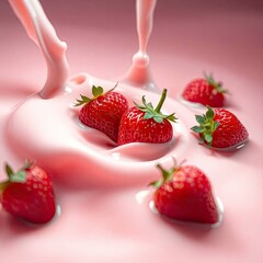 A surreal bird’s eye view illustration of a strawberry milk splash with ripples, presenting a dreamlike scene with generative ai
