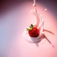 A surreal bird’s eye view illustration of a strawberry milk splash with ripples, presenting a dreamlike scene with generative ai