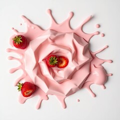 A surreal bird’s eye view illustration of a strawberry milk splash with ripples, presenting a dreamlike scene with generative ai