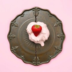 A surreal bird’s eye view illustration of a strawberry milk splash with ripples, presenting a dreamlike scene with generative ai