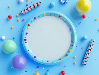 Bright and cheerful blue party background with balloons, streamers, and candy decorating the border, featuring an empty central circle for text and extra space for design on the side.