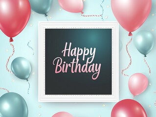 Vector birthday card with photo frame and "Happy Birthday" text, featuring pink and blue balloons in the background, perfect for cheerful celebrations and personalized greetings.