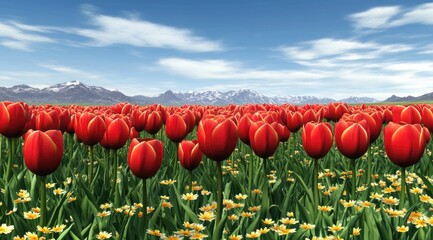 Vibrant red tulips in a field, with mountains and sky