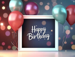 Vector birthday card with photo frame and "Happy Birthday" text, featuring pink and blue balloons in the background, perfect for cheerful celebrations and personalized greetings.