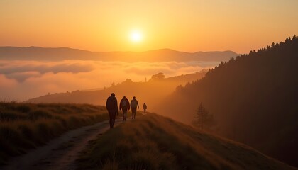 People Hiking Mountain Trail at Sunset with Orange Sky and Clouds