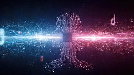 Abstract digital circuit board design, resembling a human head, with glowing lines and particles.  A central circuit board graphic is surrounded by dynamic light trails of various shades - Powered by Adobe