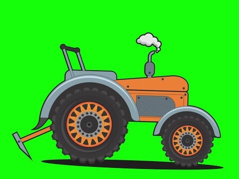 Cartoon farm tractor animation with rotating wheels on a green screen background. Perfect for chroma key projects.