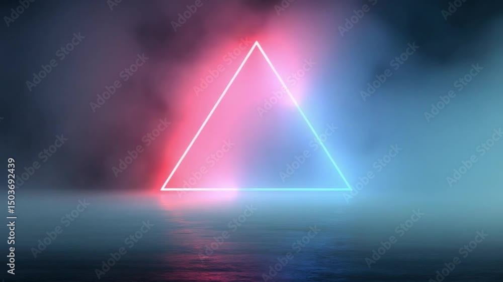Poster neon triangle shape illuminated in foggy setting with reflection on water surface for stunning visua