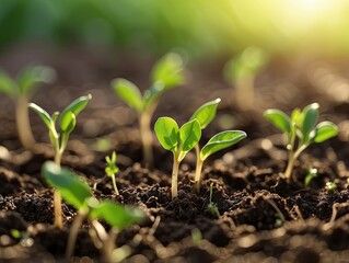 "Green Seedlings Growing in Rich Soil with Sunlight in Nature Garden"
