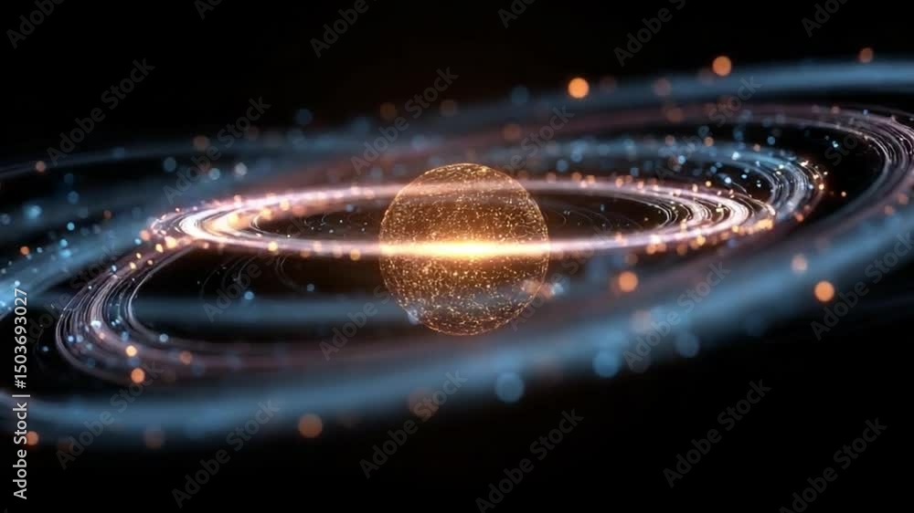 Poster cosmic sphere with glowing particles surrounded by rotating rings on a black background