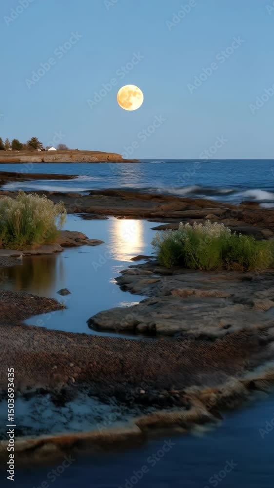 Aufkleber tranquil scene of a rocky beach at twilight with a full moon reflecting in a calm tidal pool at dusk