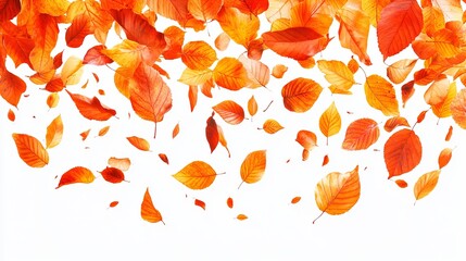 A cascade of vibrant autumn leaves, various shades of orange and red, falling against a stark white background