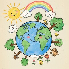 Joyful Earth: A whimsical illustration depicts a smiling globe surrounded by elements of nature, conveying optimism and the importance of environmental care.