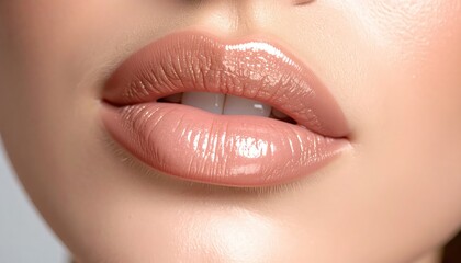 Fototapeta premium Close-up of Nude Lips with Glossy Finish: A Smooth, Elegant Beauty Shot