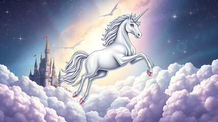 Majestic white unicorn soaring through the sky above a fantasy castle in a dreamscape