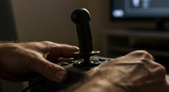 Hands control gamepad during gameplay indoors in neutral light casual setting technology - Powered by Adobe