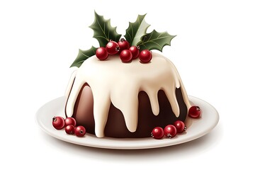 Christmas pudding sits on a white plate decorated with holly leaves and red berries