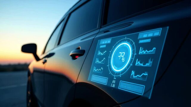 Side view of electric vehicle with transparent screen interface showing vehicle diagnostics, weather, and navigation data