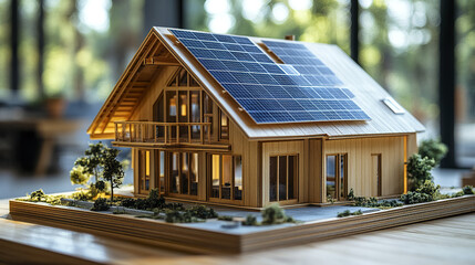 Obraz premium Sustainable construction concept with miniature model of solar powered house