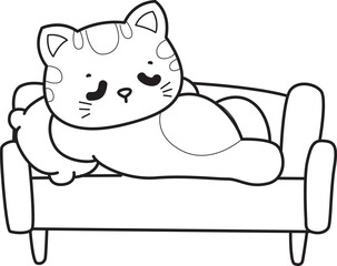 Fototapeta premium Outline of a bunch of cute cat with various activities. Lineart of Kawaii animal kitty for scrapbook and sticker.