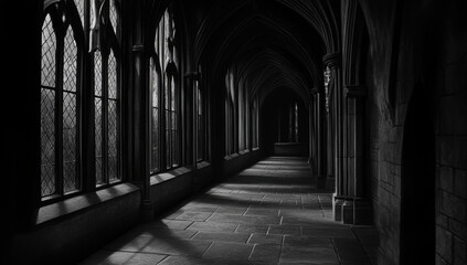Mysterious Gothic Corridor with Stained Glass Windows