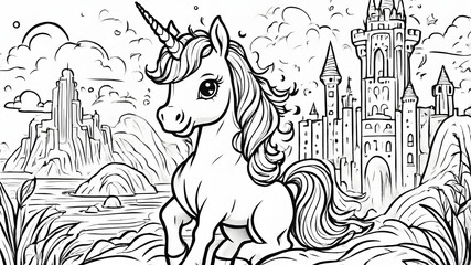 Whimsical unicorn standing beside a fairytale castle in a magical black and white landscape