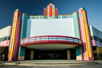 Colorful art deco movie theater facade under clear blue sky