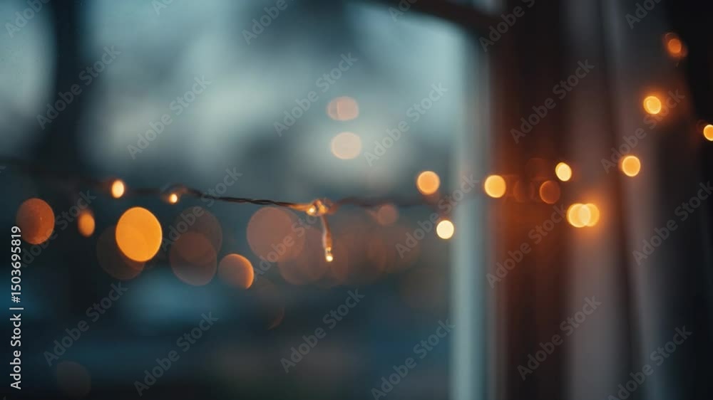 Poster dreamy bokeh lights outside a window during dusk with a soft focus creating a tranquil atmosphere
