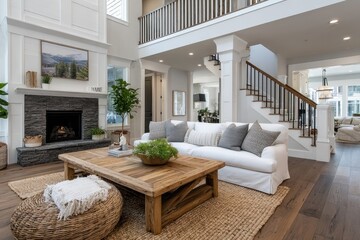 a modern farmhouse-style living room with white walls, dark wood floors and a staircase, a tan wall color, a fireplace on the left side