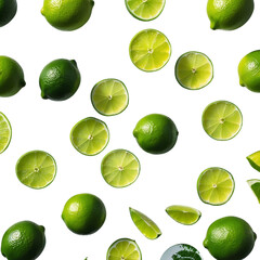 Fresh green limes whole and slices against Transparent background for seamless pattern design