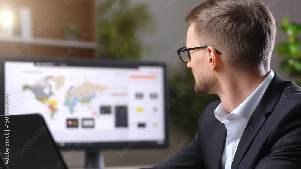 Poster strategic insight: a sharp professional immersed in focused analysis, diligently examining a global 