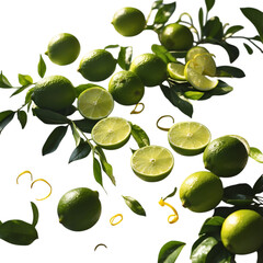 Fresh green limes with leaves and zest on Transparent background healthy food illustration